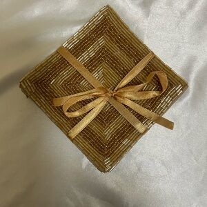 Gold Beaded Coaster Set with Ribbon Tie - Luxurious Table Accent